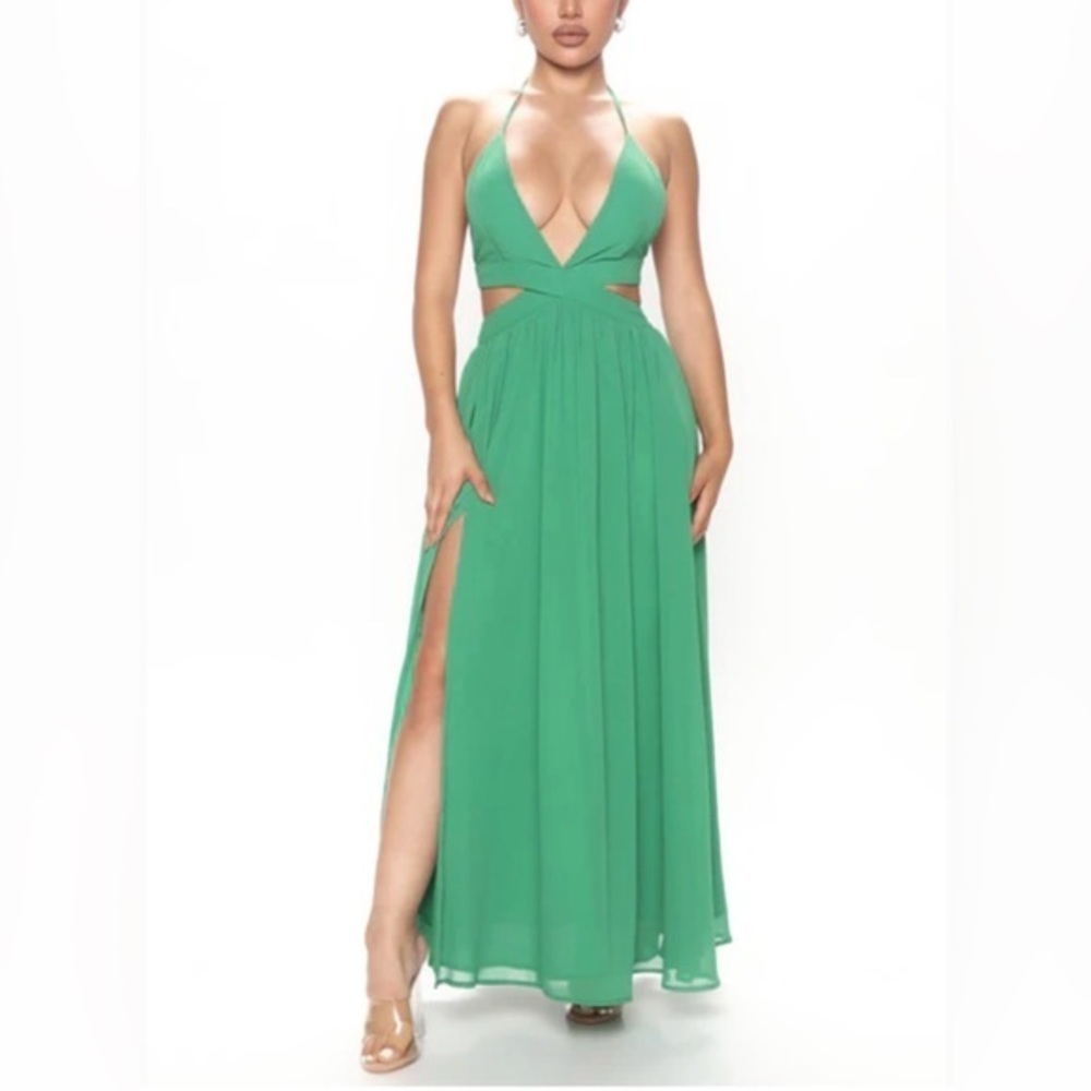 Miss Avenue Vibrant Green Backless cut out V-neck formal maxi Dress small NWT